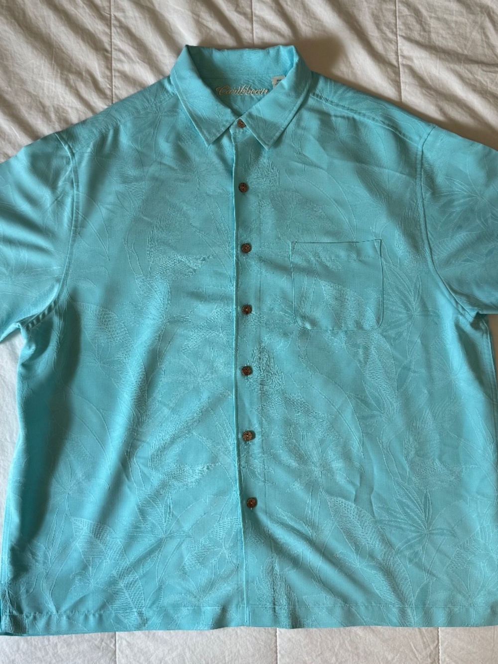 Caribbean Men's 2XB Teal Tropical Hawaiian Short Sleeve Button Down Shirt